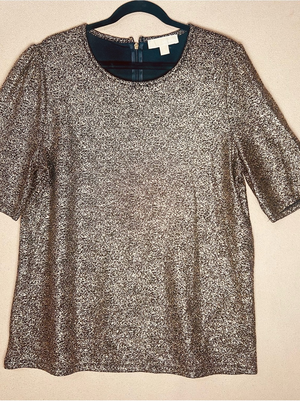 Michael Kors Metallic Gold Short Sleeve blouse, slight puff shoulders Size XL